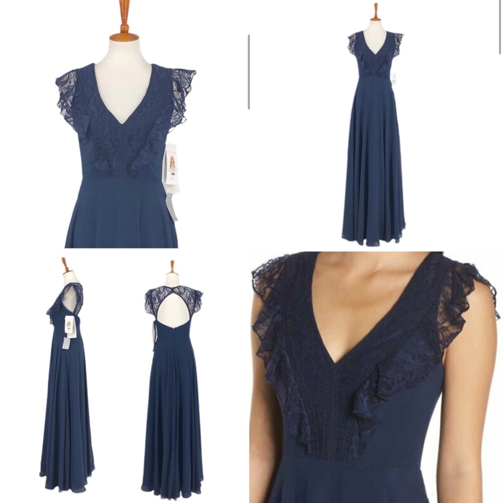 Hayley Paige Occasions Navy Ruffle Lace Gown Dress.
